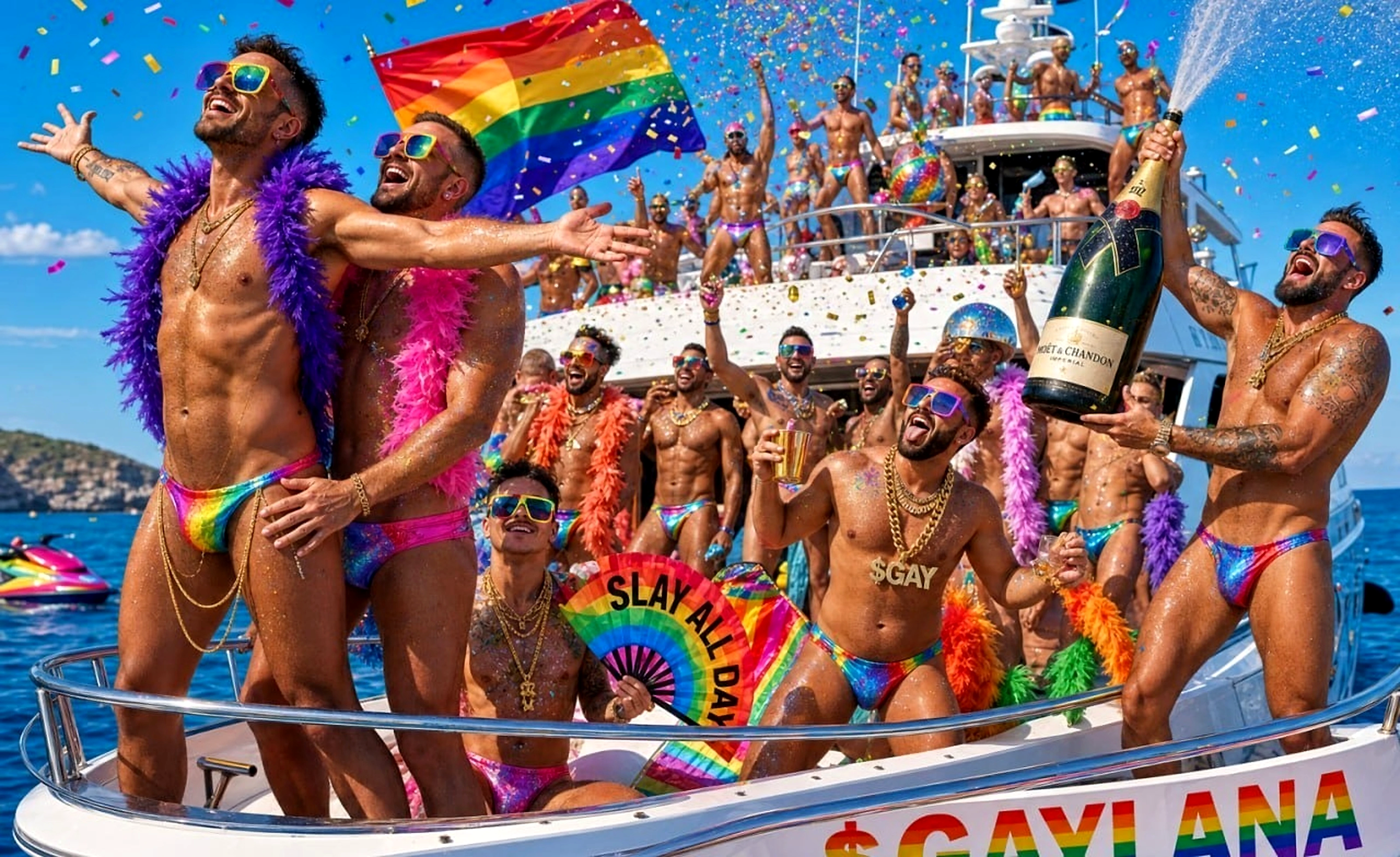 Pride yacht party with rainbow flags, confetti, champagne and ocean background